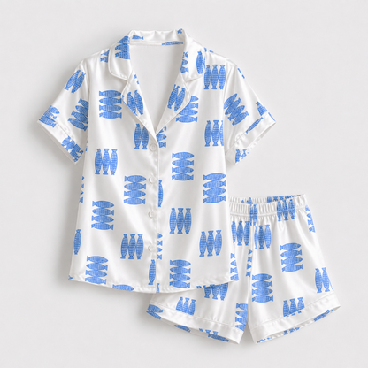 PJ-M199-Blue Satin Fish Pajama Apparel, Botanical Pattern Loungewear Sleepwear Collection Top Bottom Clothing