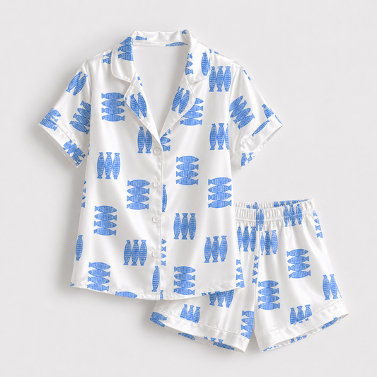 PJ-M199-Blue Satin Fish Pajama Apparel, Botanical Pattern Loungewear Sleepwear Collection Top Bottom Clothing