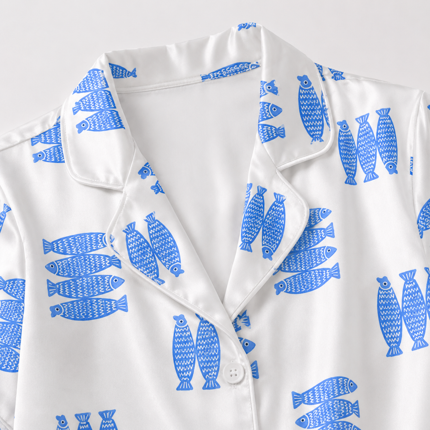 PJ-M199-Blue Satin Fish Pajama Apparel, Botanical Pattern Loungewear Sleepwear Collection Top Bottom Clothing