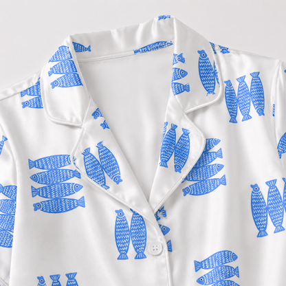 PJ-M199-Blue Satin Fish Pajama Apparel, Botanical Pattern Loungewear Sleepwear Collection Top Bottom Clothing
