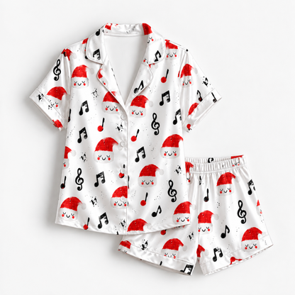 PJ-M1995-Christmas Music Satin Pajama Set with Santa Hats Musical Notes Treble Clefs and Festive Holiday Pattern for Cozy Sleepwear