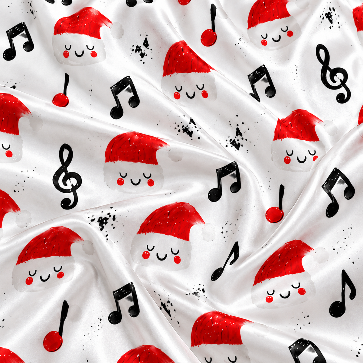 PJ-M1995-Christmas Music Satin Pajama Set with Santa Hats Musical Notes Treble Clefs and Festive Holiday Pattern for Cozy Sleepwear