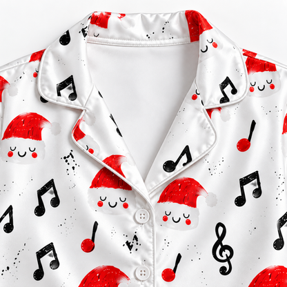 PJ-M1995-Christmas Music Satin Pajama Set with Santa Hats Musical Notes Treble Clefs and Festive Holiday Pattern for Cozy Sleepwear