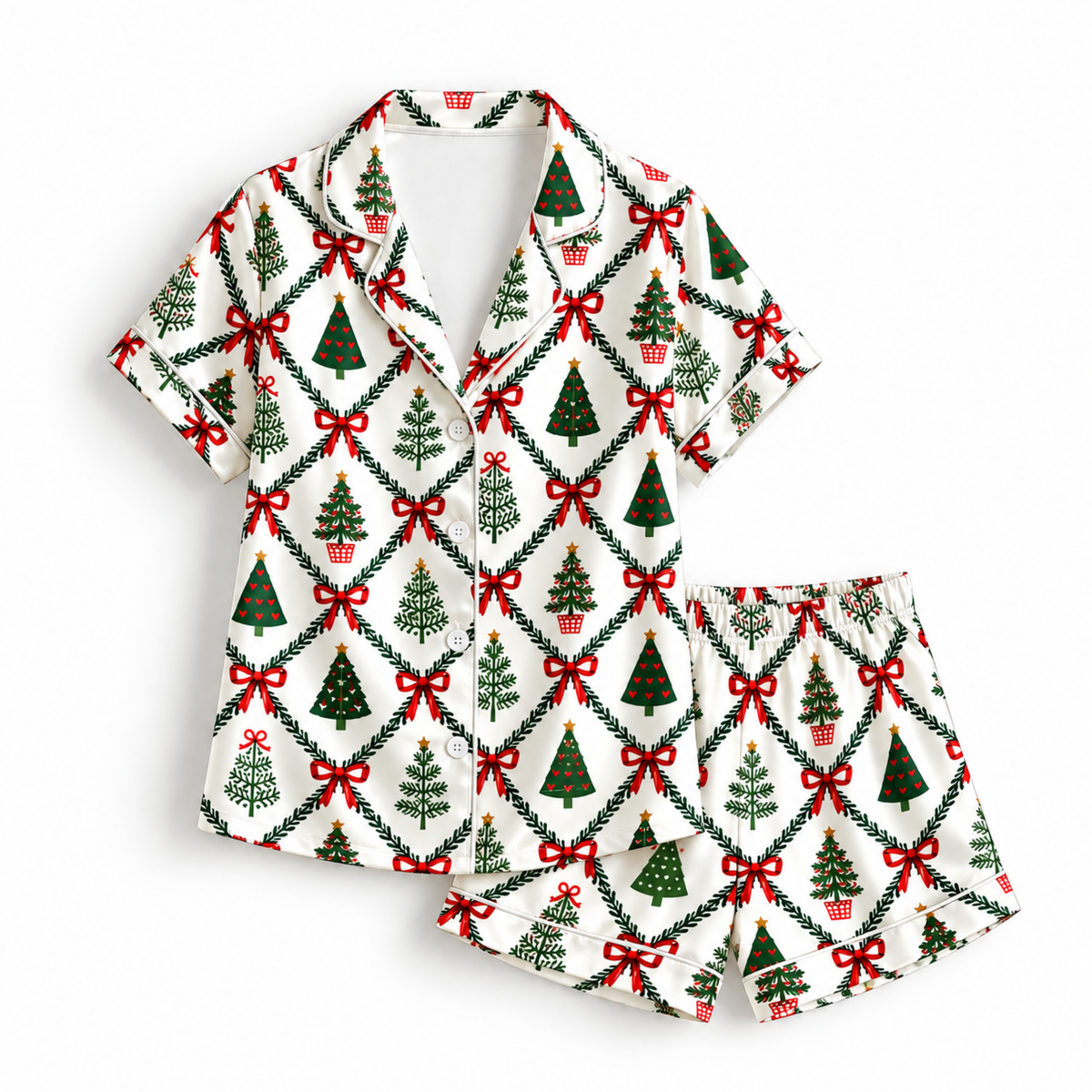 PJ-M1997-Christmas Tree Satin Pajama Set with Red Bows Evergreen Trees Garlands and Classic Festive Holiday Pattern for Cozy Sleepwear
