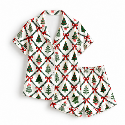 PJ-M1997-Christmas Tree Satin Pajama Set with Red Bows Evergreen Trees Garlands and Classic Festive Holiday Pattern for Cozy Sleepwear