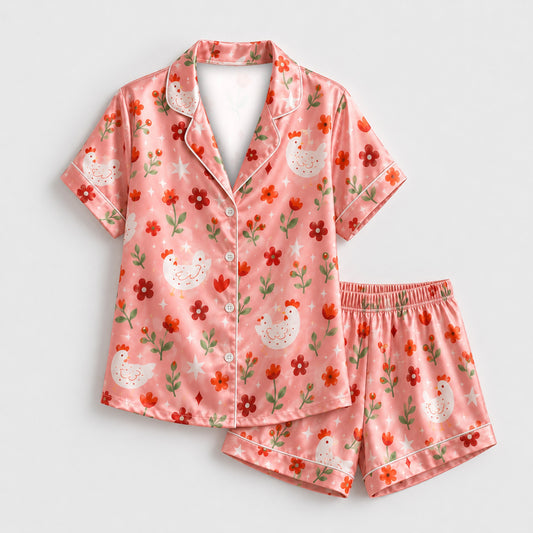 PJ-M201-Peach Fabric Aesthetic Pajama Apparel, Whimsical Animal Graphic Loungewear Sleepwear Collection Top Bottom Raiment