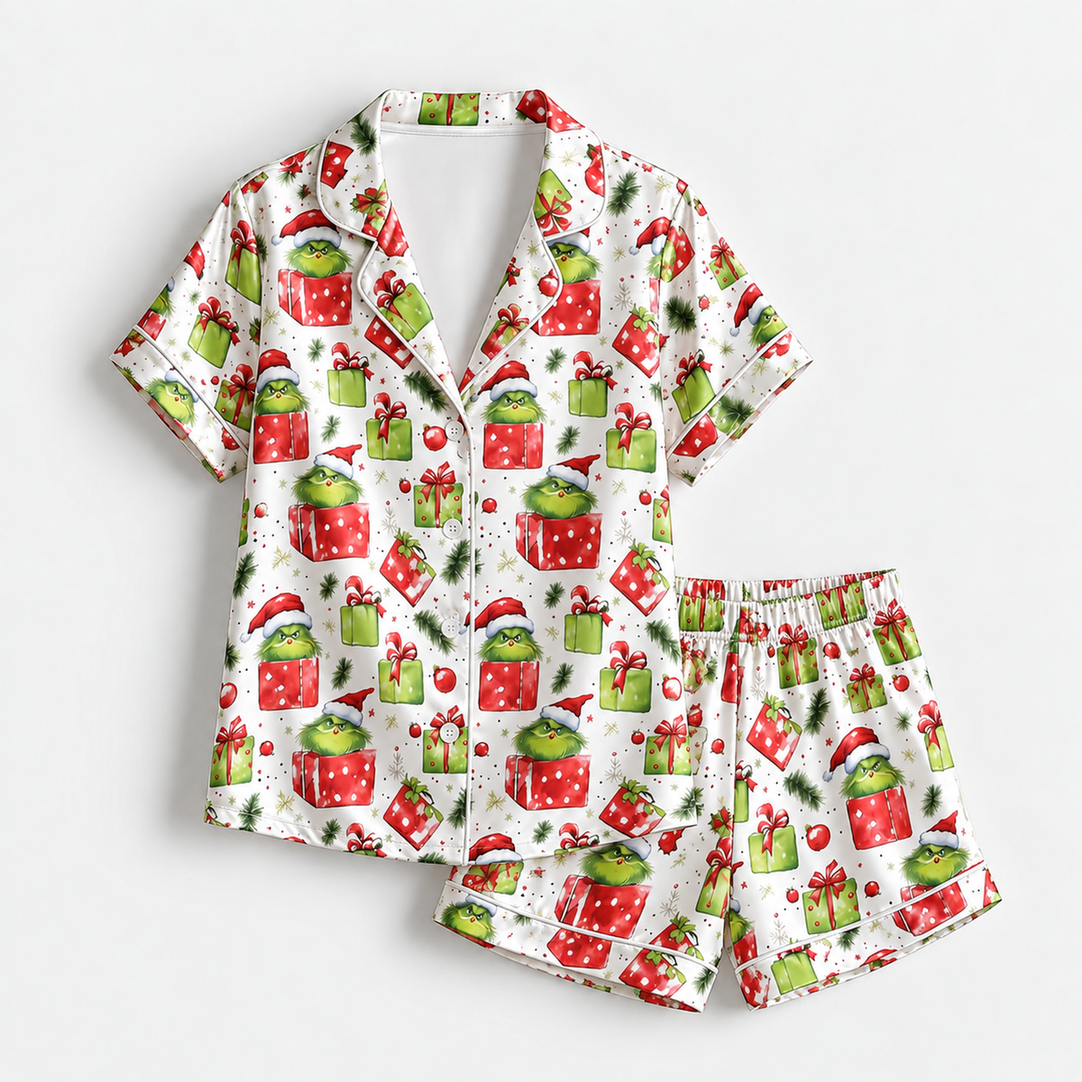 PJ-M2018-The Grinch Christmas Gift Satin Pajama Set, Dr Seuss Holiday Sleepwear