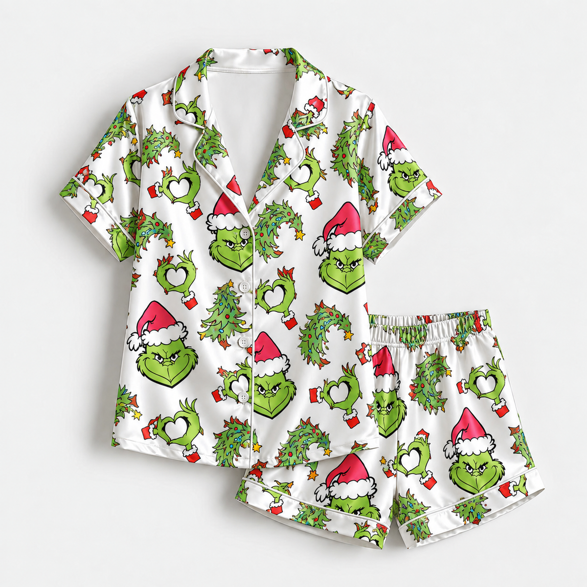 PJ-M2019-The Grinch Christmas Satin Pajama Set, Dr Seuss Grinch Holiday Sleepwear
