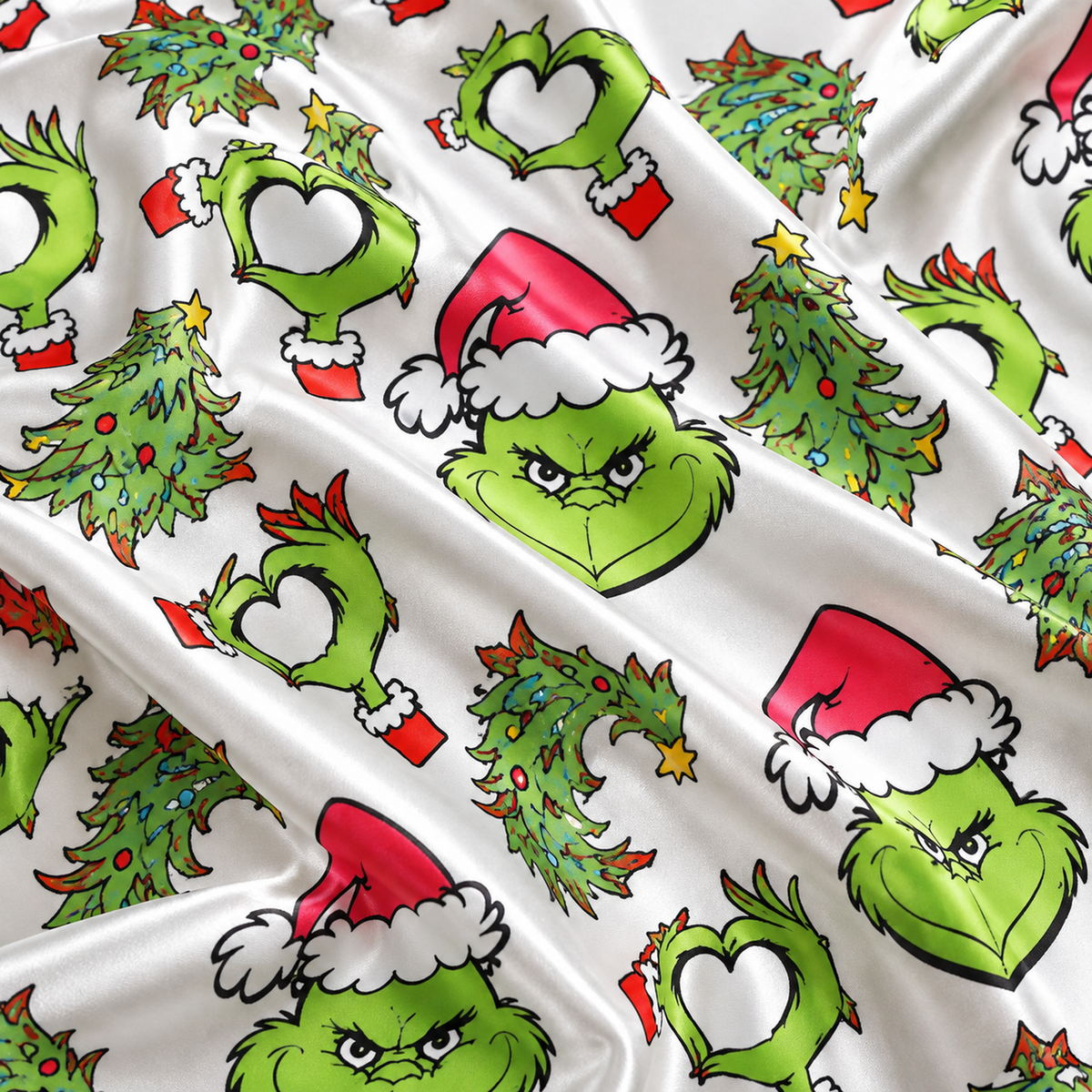 PJ-M2019-The Grinch Christmas Satin Pajama Set, Dr Seuss Grinch Holiday Sleepwear