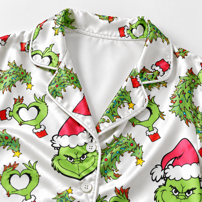 PJ-M2019-The Grinch Christmas Satin Pajama Set, Dr Seuss Grinch Holiday Sleepwear