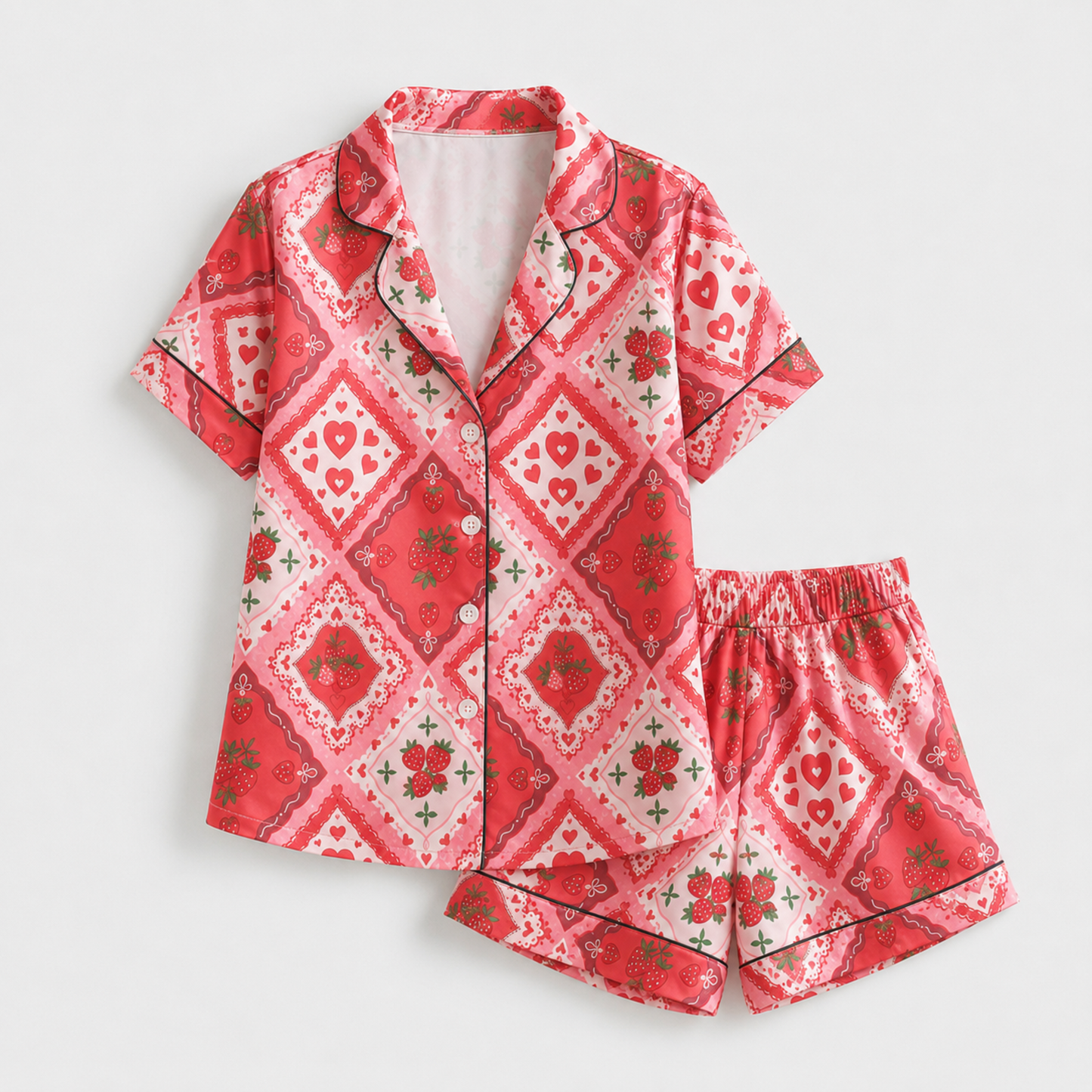 PJ-M202-Strawberry Pajama Apparel, Heart Diamond Pattern Loungewear Sleepwear Collection Top Bottom Clothing