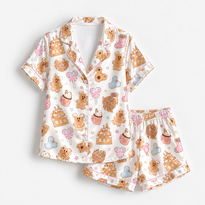 PJ-M2023-Gingerbread Candyland Satin Pajama Set, Sweet Castle Lollipop Cocoa Christmas Holiday Sleepwear