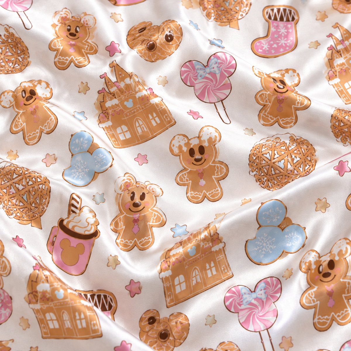 PJ-M2023-Gingerbread Candyland Satin Pajama Set, Sweet Castle Lollipop Cocoa Christmas Holiday Sleepwear