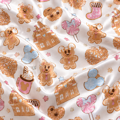 PJ-M2023-Gingerbread Candyland Satin Pajama Set, Sweet Castle Lollipop Cocoa Christmas Holiday Sleepwear