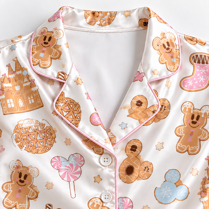 PJ-M2023-Gingerbread Candyland Satin Pajama Set, Sweet Castle Lollipop Cocoa Christmas Holiday Sleepwear