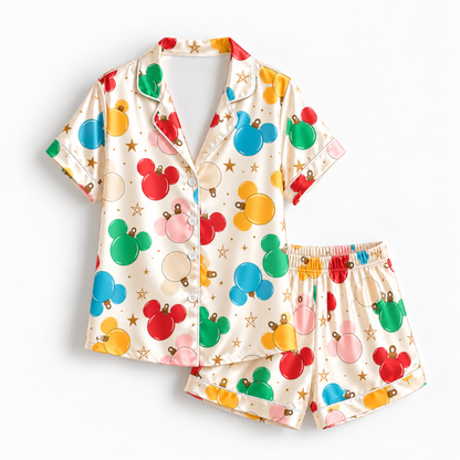 PJ-M2024-Mickey Mouse Ornament Christmas Satin Pajama Set, Disney Holiday Sleepwear