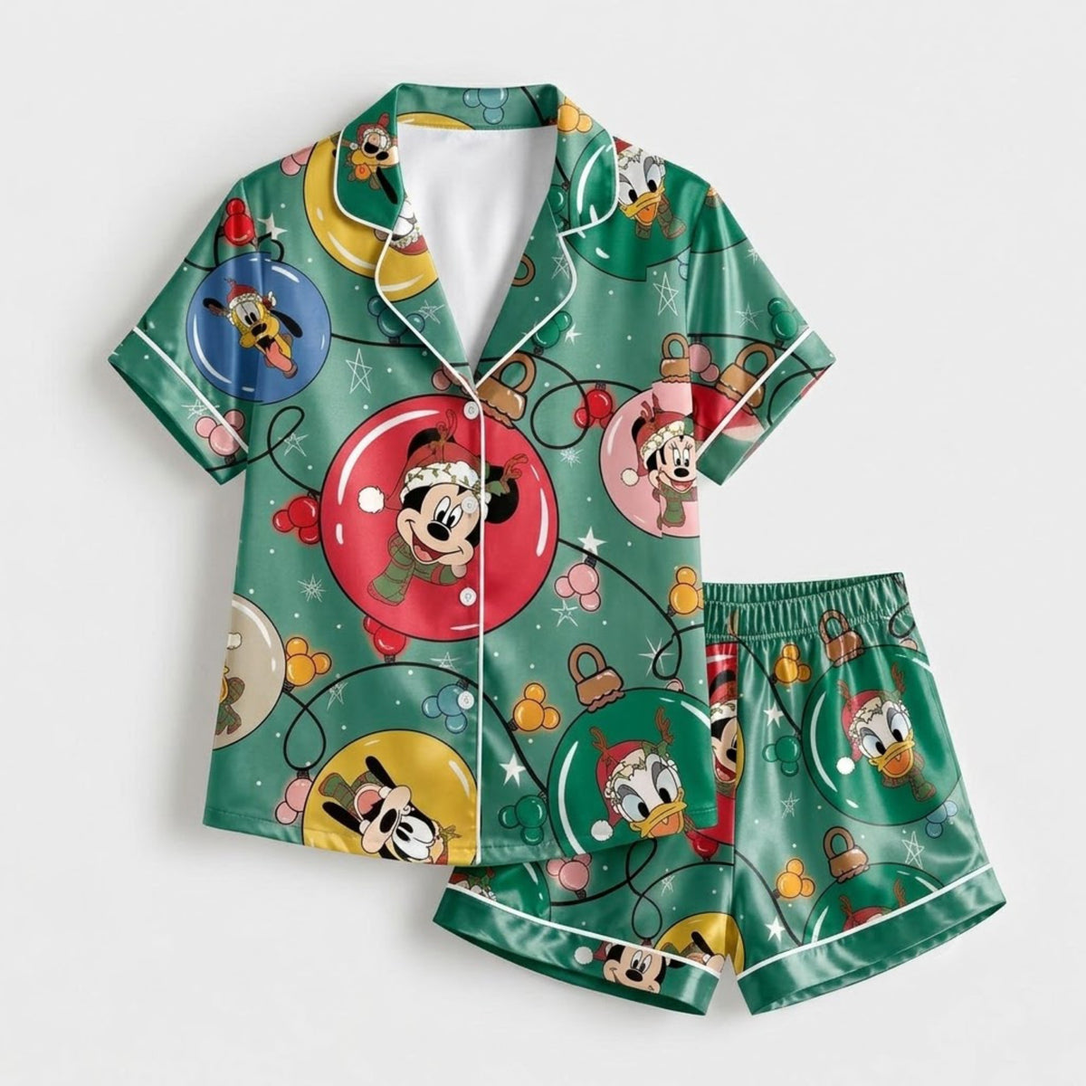PJ-M2029-Mickey Mouse Minnie Donald Duck Christmas Ornament Satin Pajama Set, Disney Holiday Sleepwear