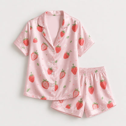PJ-M203-Pink Strawberry Floral Satin Pajama Set Button Up Fruit Print Sleepwear Sweet Loungewear