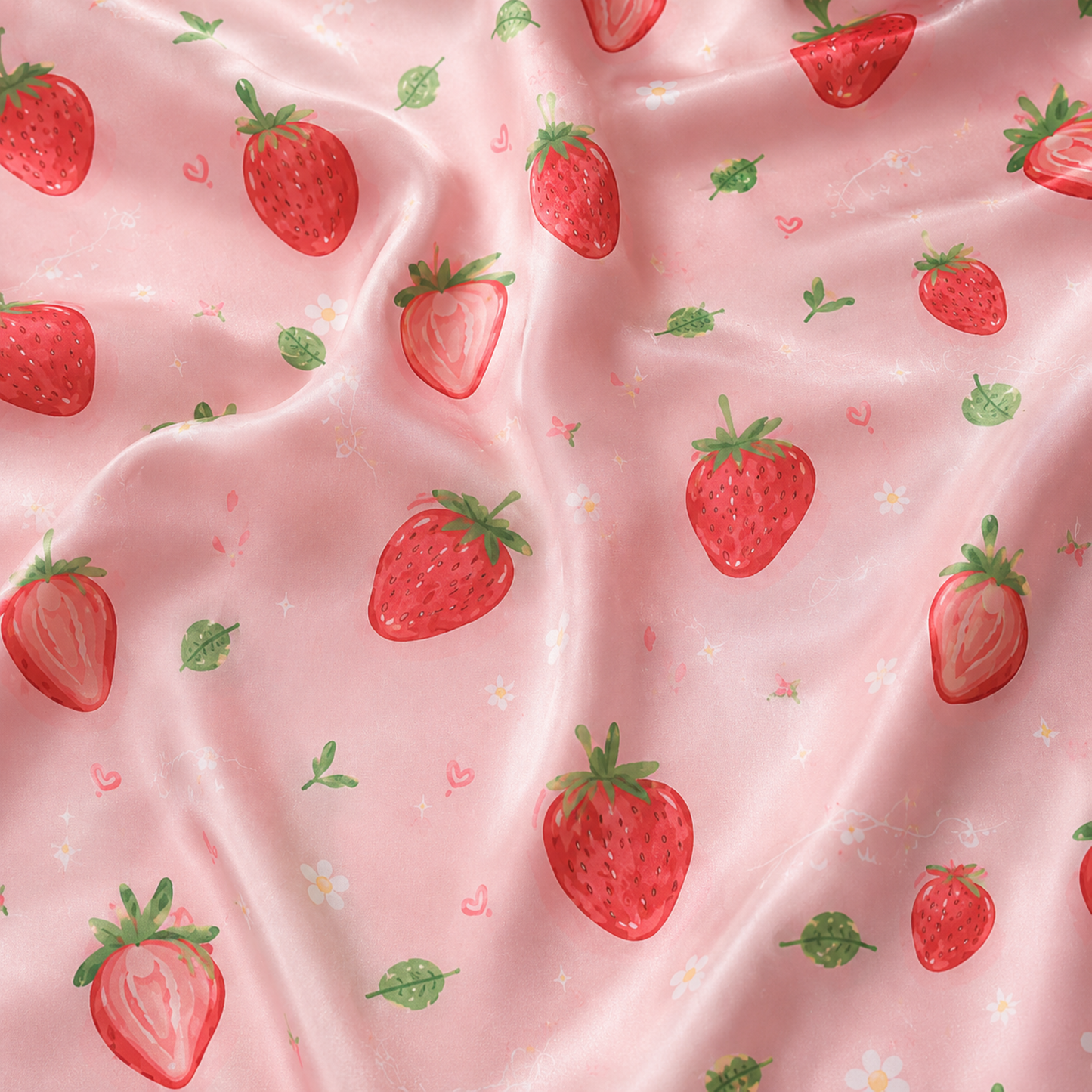 PJ-M203-Pink Strawberry Floral Satin Pajama Set Button Up Fruit Print Sleepwear Sweet Loungewear