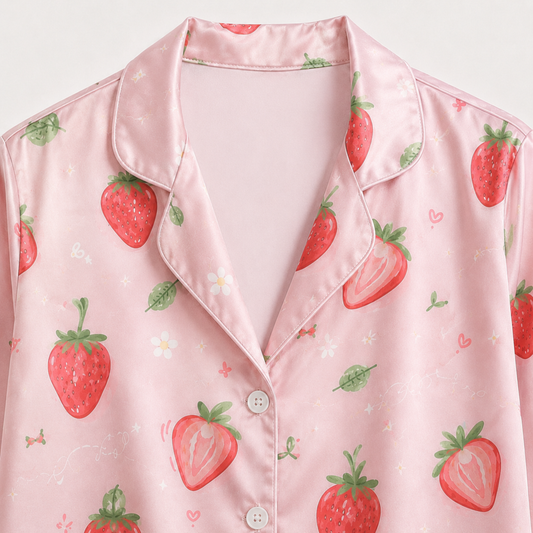 PJ-M203-Pink Strawberry Floral Satin Pajama Set Button Up Fruit Print Sleepwear Sweet Loungewear