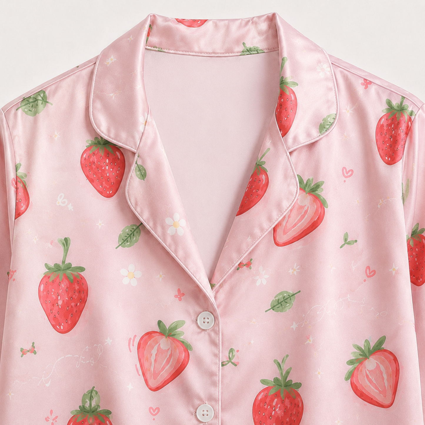 PJ-M203-Pink Strawberry Floral Satin Pajama Set Button Up Fruit Print Sleepwear Sweet Loungewear