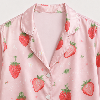 PJ-M203-Pink Strawberry Floral Satin Pajama Set Button Up Fruit Print Sleepwear Sweet Loungewear