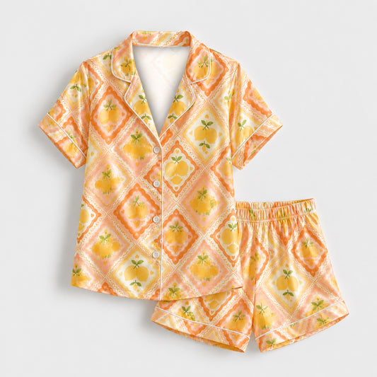 PJ-M204-Orange Yellow Lemon Tile Satin Pajama Set Retro Citrus Print Sleepwear Button Up Loungewear