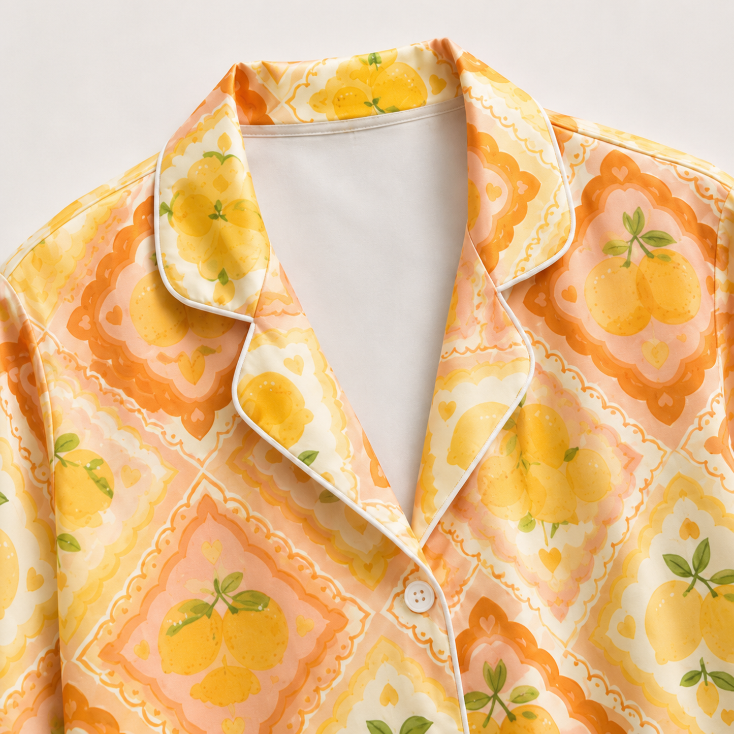 PJ-M204-Orange Yellow Lemon Tile Satin Pajama Set Retro Citrus Print Sleepwear Button Up Loungewear