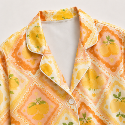 PJ-M204-Orange Yellow Lemon Tile Satin Pajama Set Retro Citrus Print Sleepwear Button Up Loungewear
