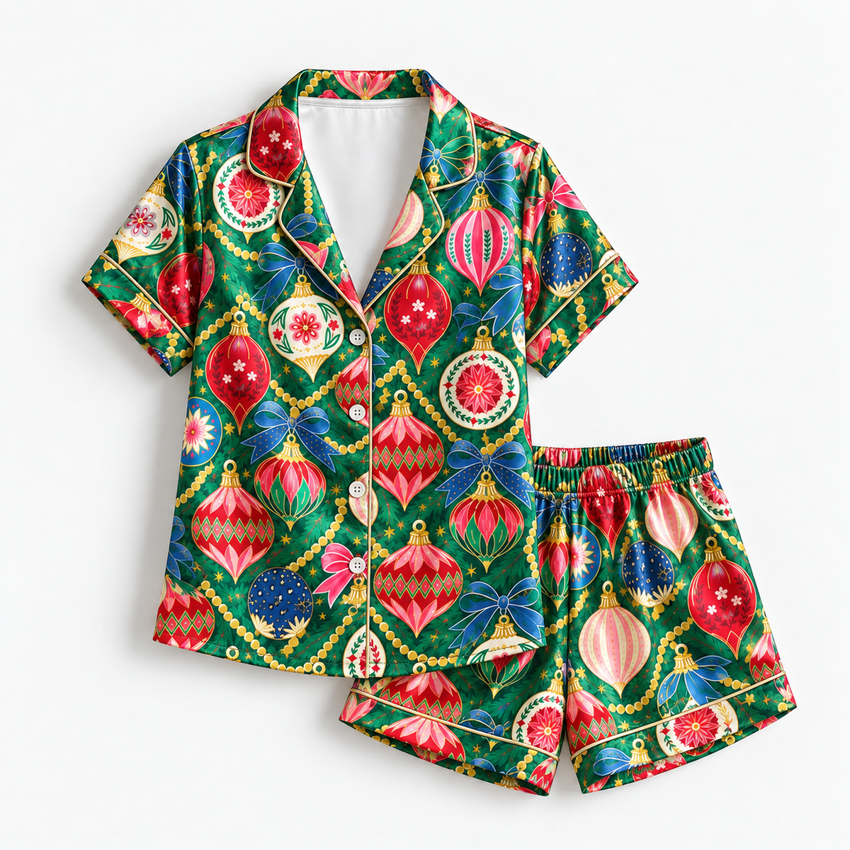 PJ-M2048-Christmas Ornament Satin Pajama Set with Colorful Baubles Bows Floral Details and Festive Green Holiday Pattern