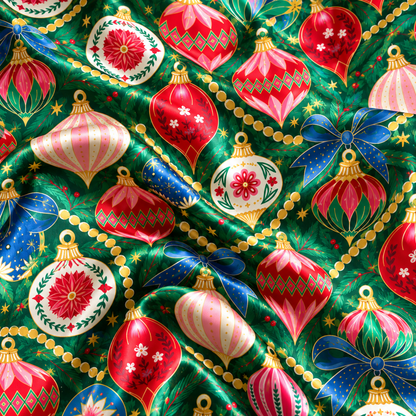 PJ-M2048-Christmas Ornament Satin Pajama Set with Colorful Baubles Bows Floral Details and Festive Green Holiday Pattern