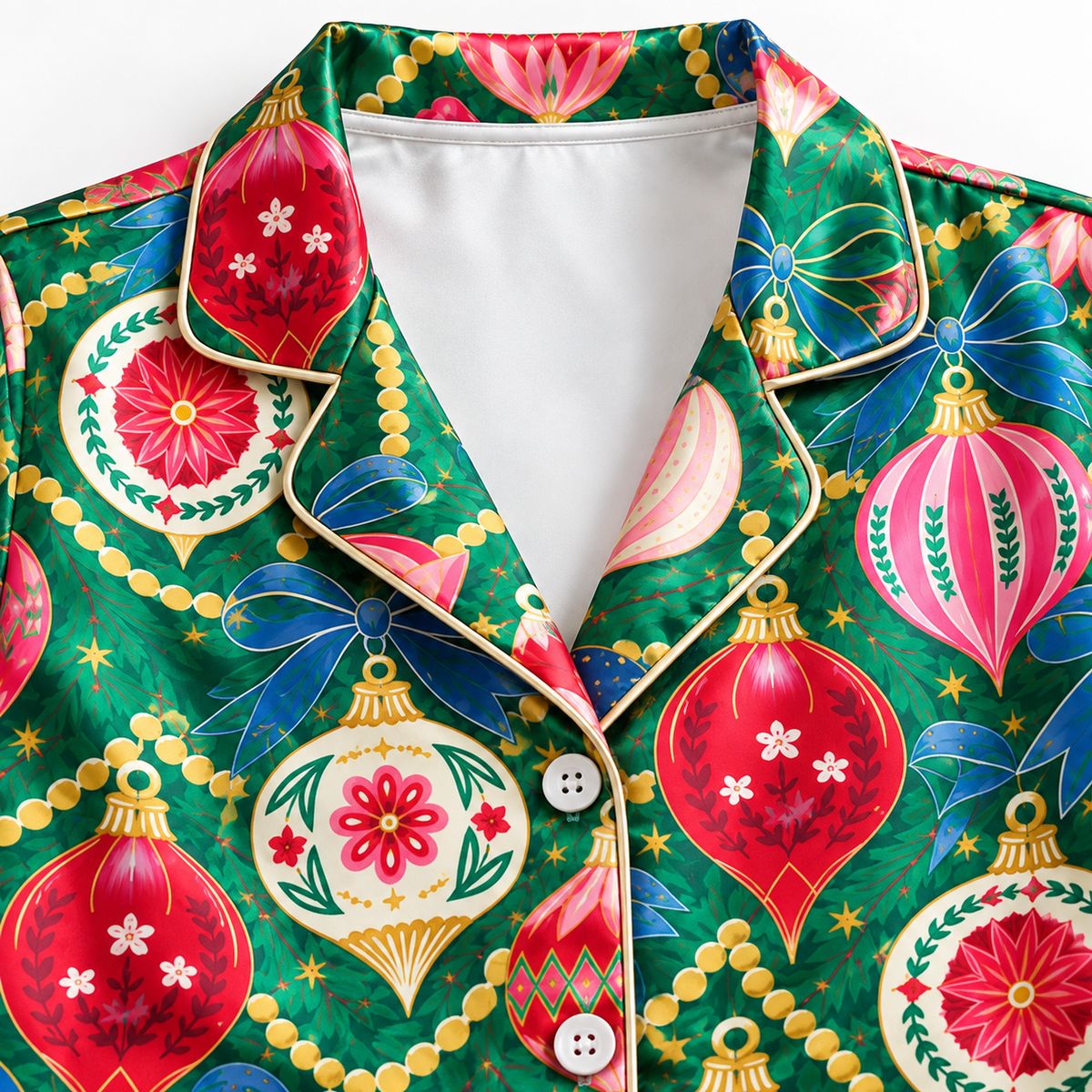 PJ-M2048-Christmas Ornament Satin Pajama Set with Colorful Baubles Bows Floral Details and Festive Green Holiday Pattern