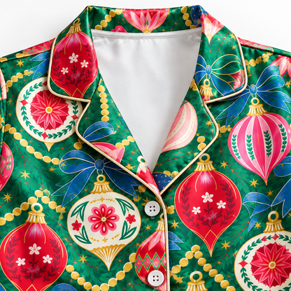 PJ-M2048-Christmas Ornament Satin Pajama Set with Colorful Baubles Bows Floral Details and Festive Green Holiday Pattern
