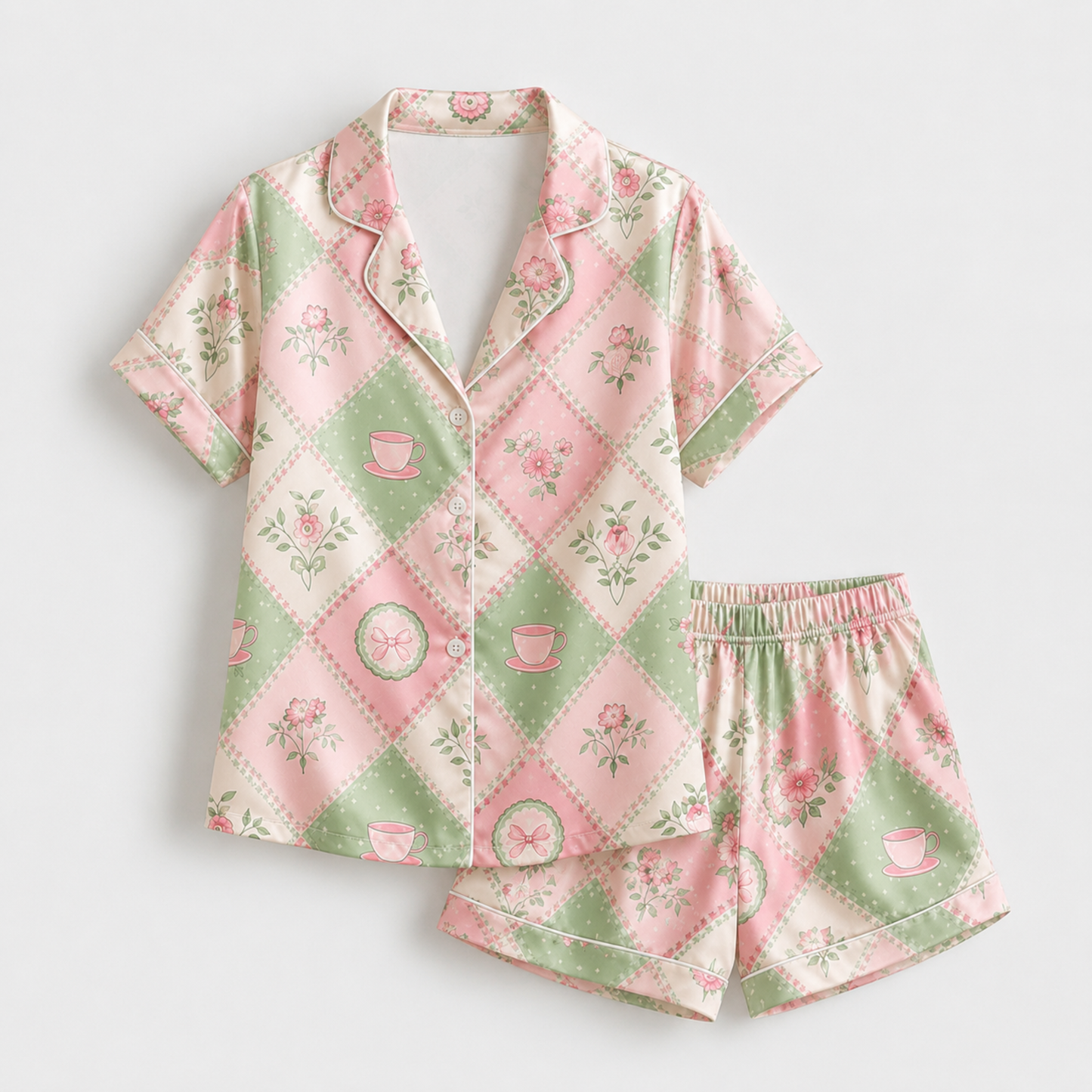 PJ-M205-Cottagecore Teacup Floral Patchwork Satin Pajama Set Pink Green Bow Sleepwear Loungewear