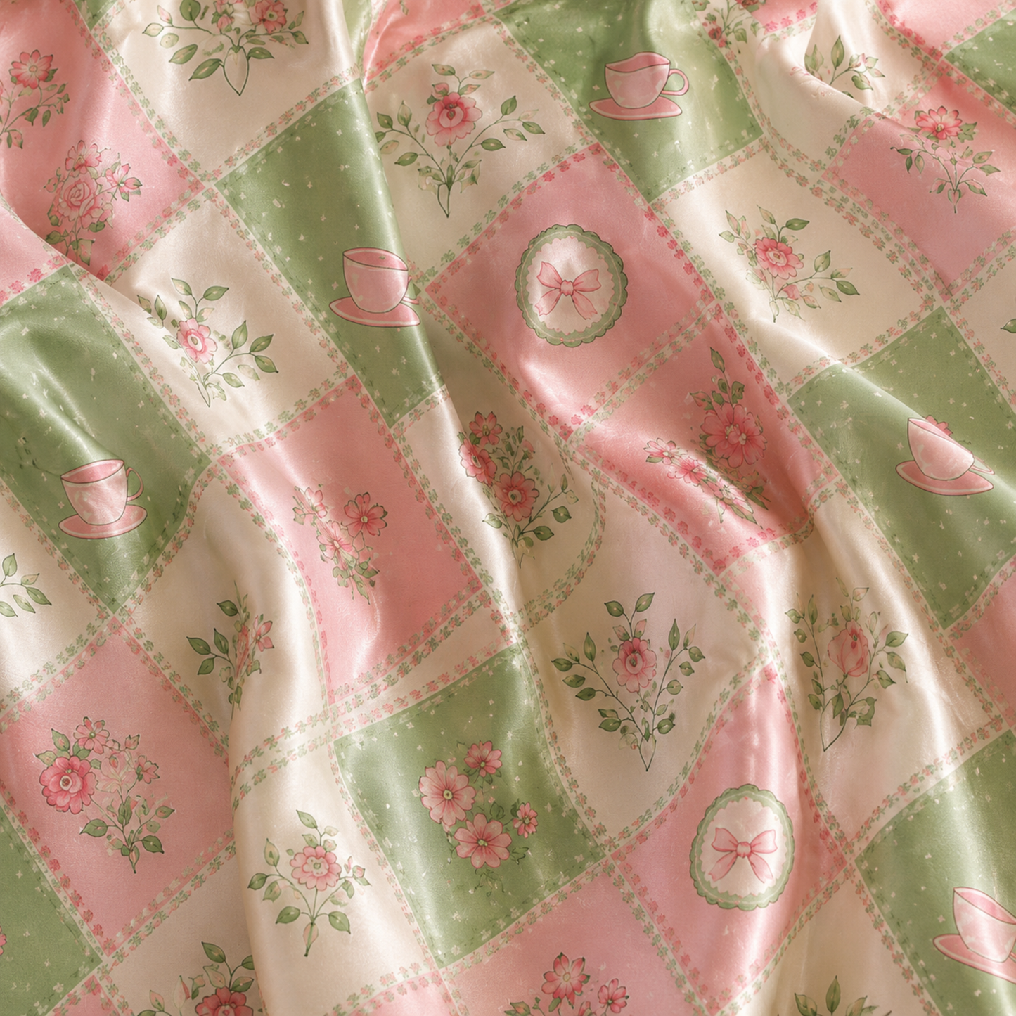 PJ-M205-Cottagecore Teacup Floral Patchwork Satin Pajama Set Pink Green Bow Sleepwear Loungewear