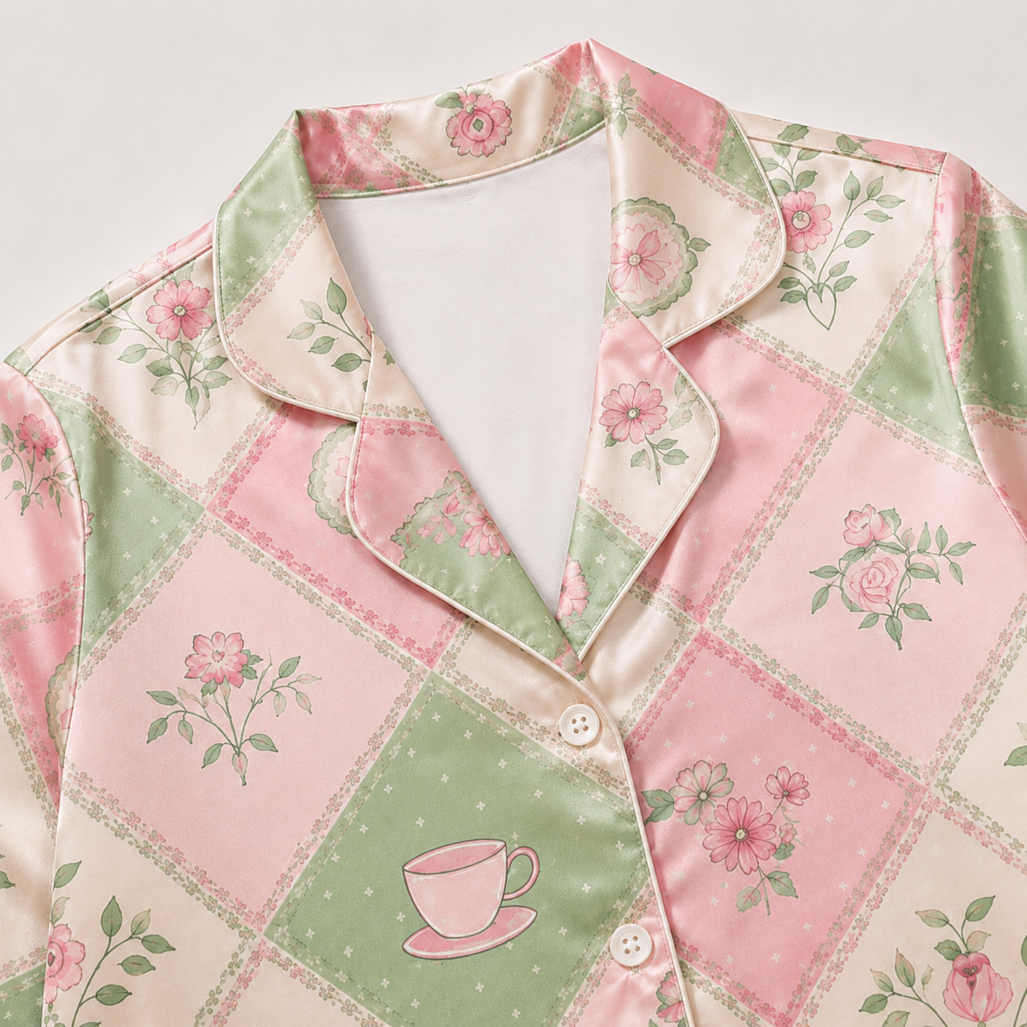 PJ-M205-Cottagecore Teacup Floral Patchwork Satin Pajama Set Pink Green Bow Sleepwear Loungewear