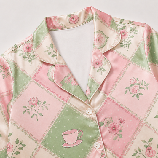 PJ-M205-Cottagecore Teacup Floral Patchwork Satin Pajama Set Pink Green Bow Sleepwear Loungewear