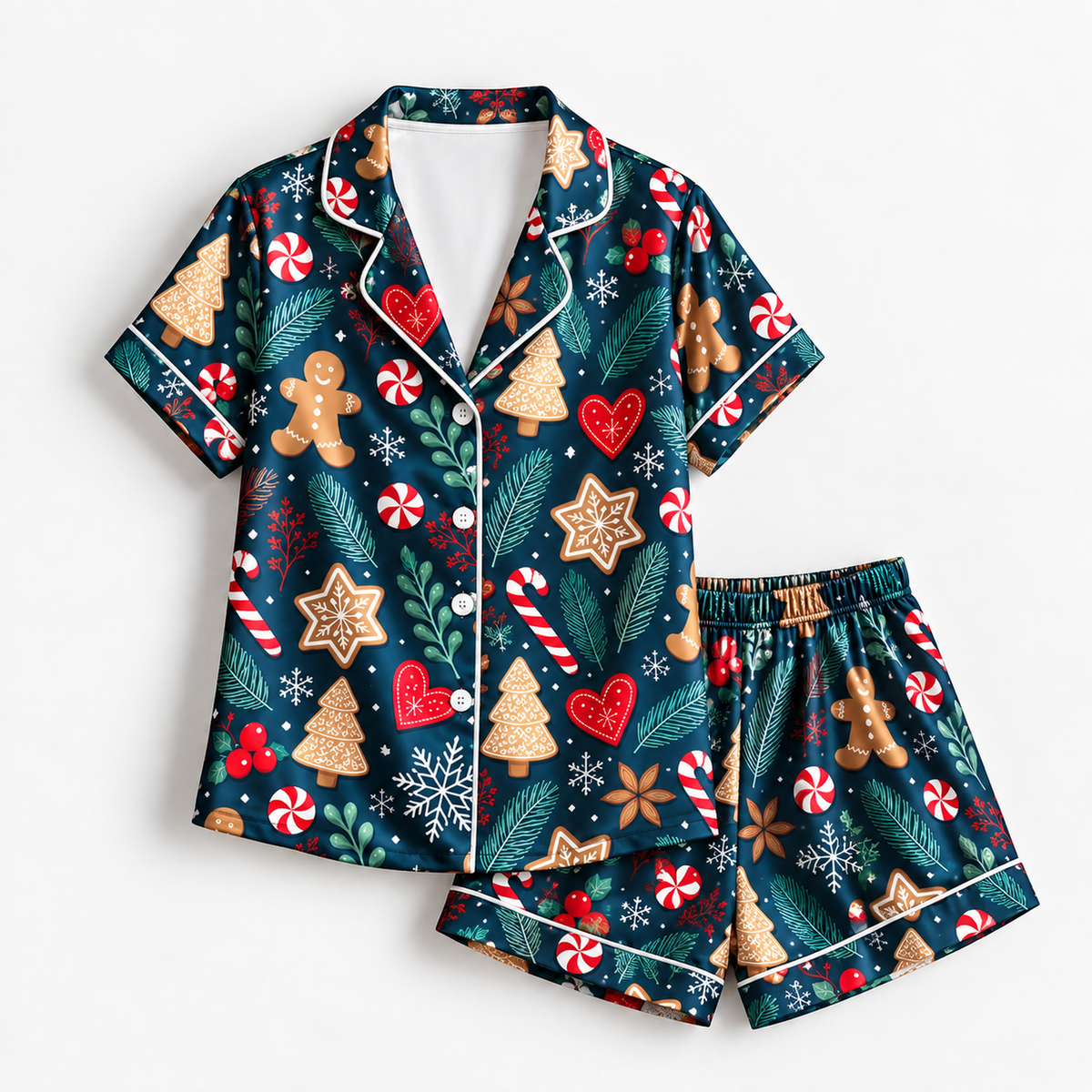 PJ-M2050-Gingerbread Christmas Satin Pajama Set with Cookies Candy Canes Hearts Snowflakes and Festive Winter Pattern