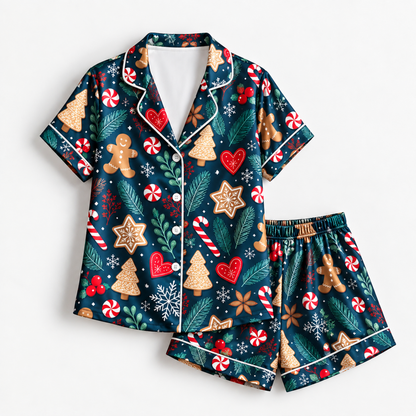 PJ-M2050-Gingerbread Christmas Satin Pajama Set with Cookies Candy Canes Hearts Snowflakes and Festive Winter Pattern