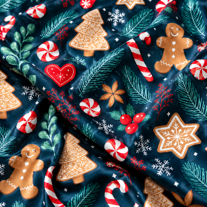 PJ-M2050-Gingerbread Christmas Satin Pajama Set with Cookies Candy Canes Hearts Snowflakes and Festive Winter Pattern