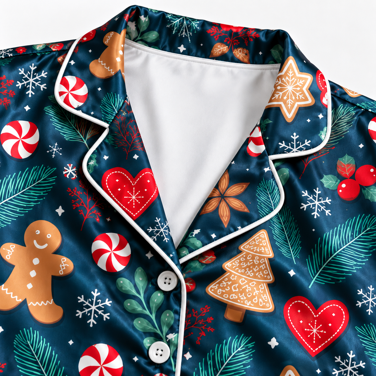 PJ-M2050-Gingerbread Christmas Satin Pajama Set with Cookies Candy Canes Hearts Snowflakes and Festive Winter Pattern