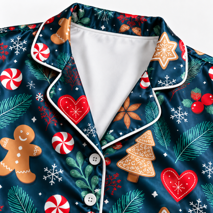 PJ-M2050-Gingerbread Christmas Satin Pajama Set with Cookies Candy Canes Hearts Snowflakes and Festive Winter Pattern