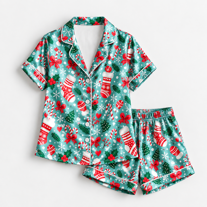 PJ-M2051- Christmas Satin Pajama Set with Stockings Candy Canes Bows Snowflakes Trees and Festive Holiday Pattern
