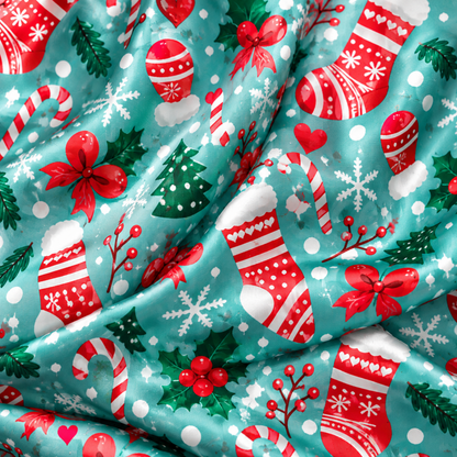 PJ-M2051- Christmas Satin Pajama Set with Stockings Candy Canes Bows Snowflakes Trees and Festive Holiday Pattern