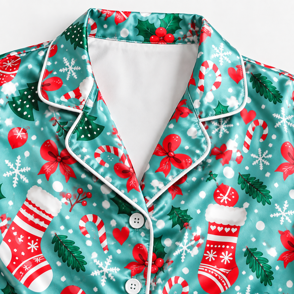 PJ-M2051- Christmas Satin Pajama Set with Stockings Candy Canes Bows Snowflakes Trees and Festive Holiday Pattern