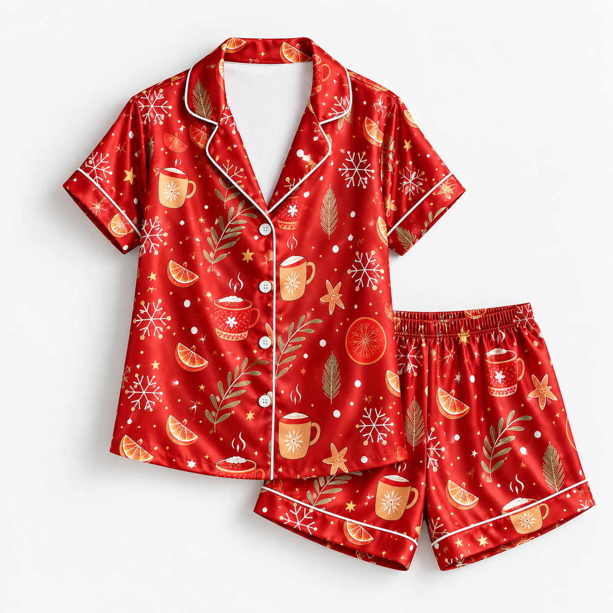 PJ-M2052- Christmas Satin Pajama Set with Cocoa Mugs Orange Slices Snowflakes Cinnamon and Festive Red Winter Pattern