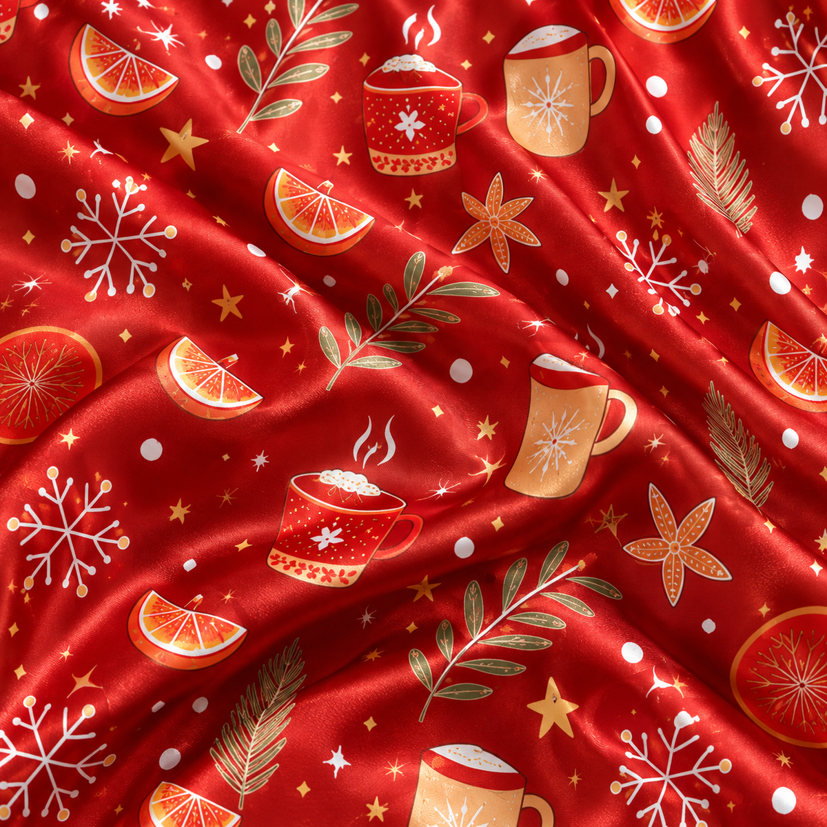 PJ-M2052- Christmas Satin Pajama Set with Cocoa Mugs Orange Slices Snowflakes Cinnamon and Festive Red Winter Pattern