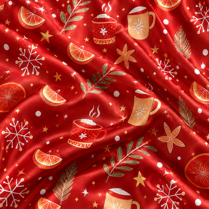 PJ-M2052- Christmas Satin Pajama Set with Cocoa Mugs Orange Slices Snowflakes Cinnamon and Festive Red Winter Pattern