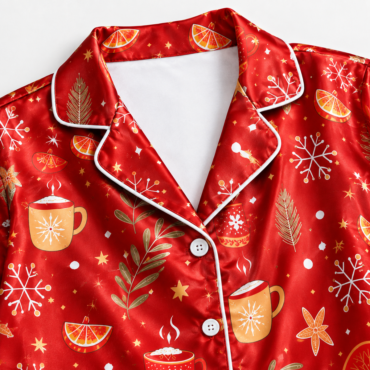 PJ-M2052- Christmas Satin Pajama Set with Cocoa Mugs Orange Slices Snowflakes Cinnamon and Festive Red Winter Pattern