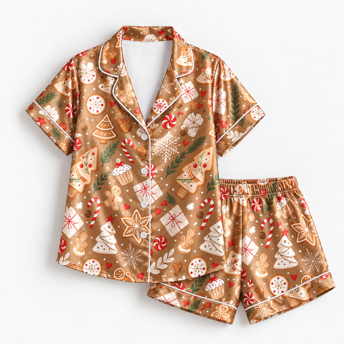 PJ-M2053- Gingerbread Christmas Satin Pajama Set with Cookies Candy Canes Snowflakes Trees and Festive Holiday Pattern
